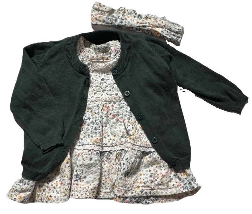 Little Lass Baby Girls 18M Floral Dress Cardigan Headband 3 Piece Outfit Set